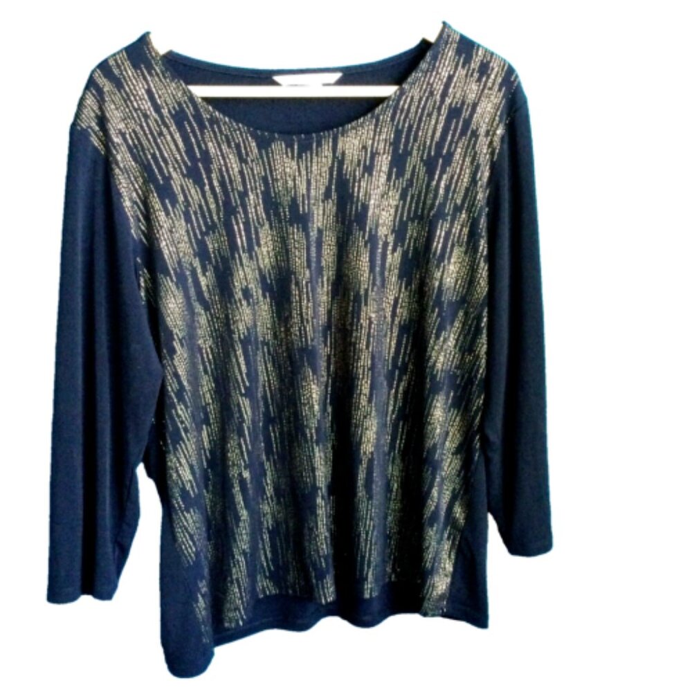Tanjay Tan Jay Top XL Navy Gold Stretchy Shirt Comfort 3/4 Sleeves
